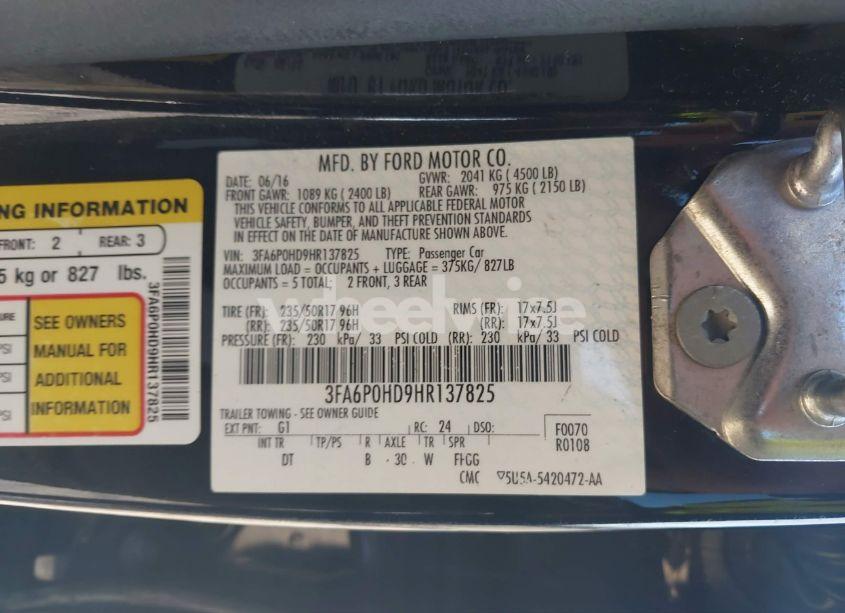 Photo 9 of 2017 Ford Fusion SE (VIN 3FA6P0HD9HR137825)