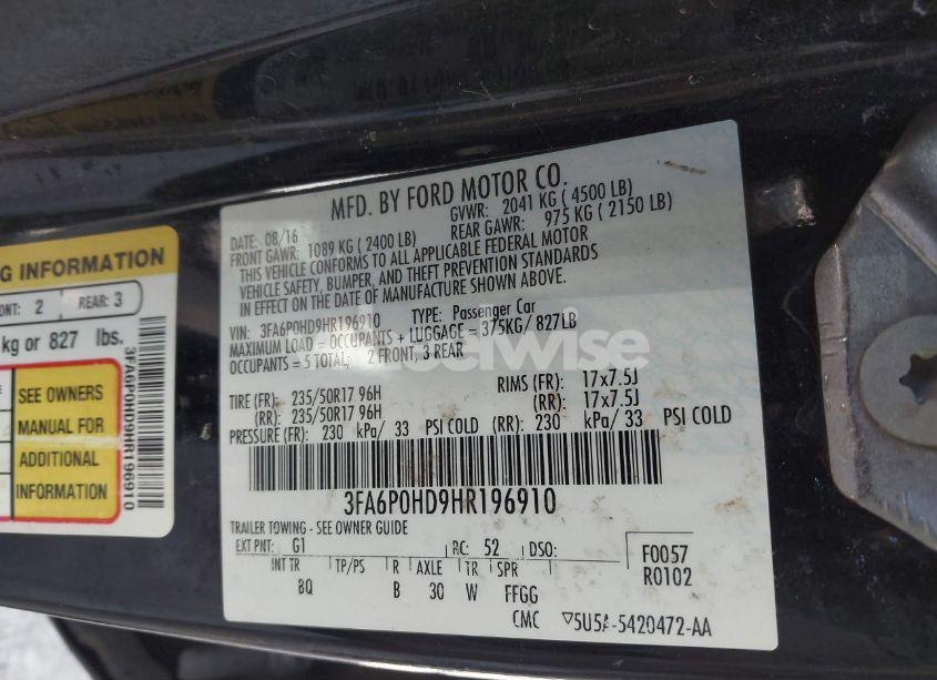 Photo 9 of 2017 Ford Fusion SE (VIN 3FA6P0HD9HR196910)