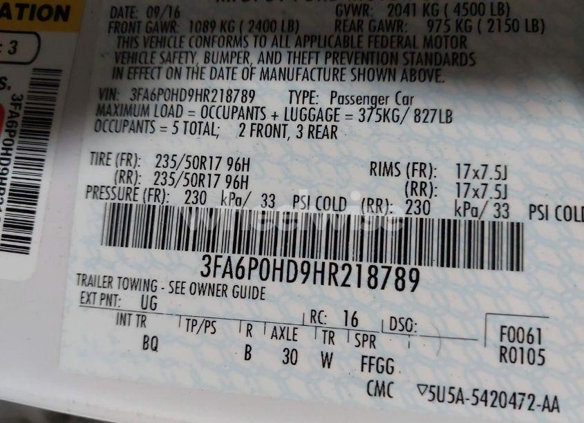 Photo 9 of 2017 Ford Fusion SE (VIN 3FA6P0HD9HR218789)