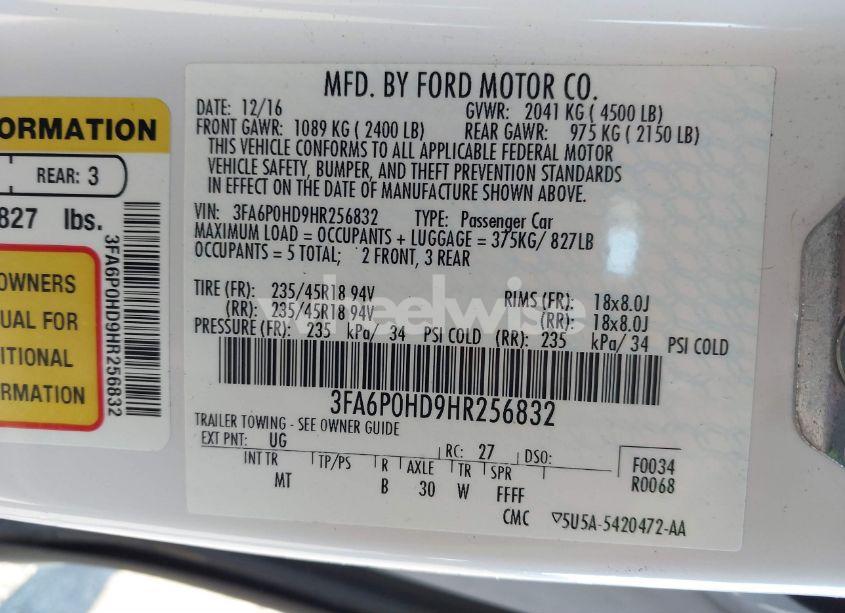 Photo 9 of 2017 Ford Fusion SE (VIN 3FA6P0HD9HR256832)