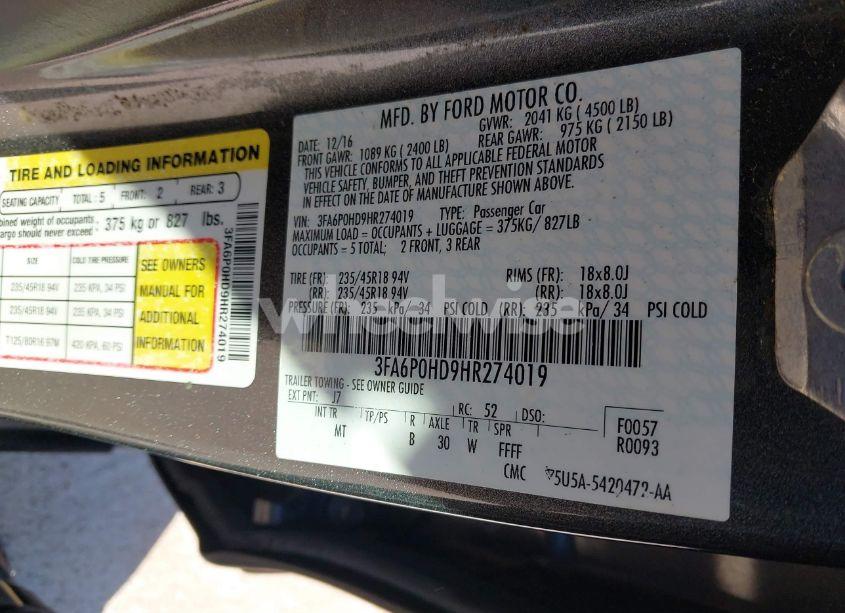 Photo 9 of 2017 Ford Fusion SE (VIN 3FA6P0HD9HR274019)