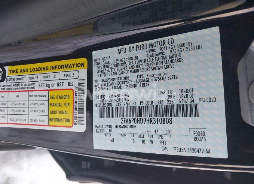 Photo 9 of 2017 Ford Fusion SE (VIN 3FA6P0HD9HR310808)