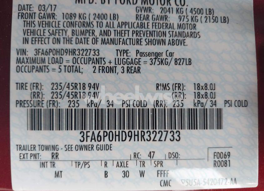 Photo 9 of 2017 Ford Fusion SE (VIN 3FA6P0HD9HR322733)