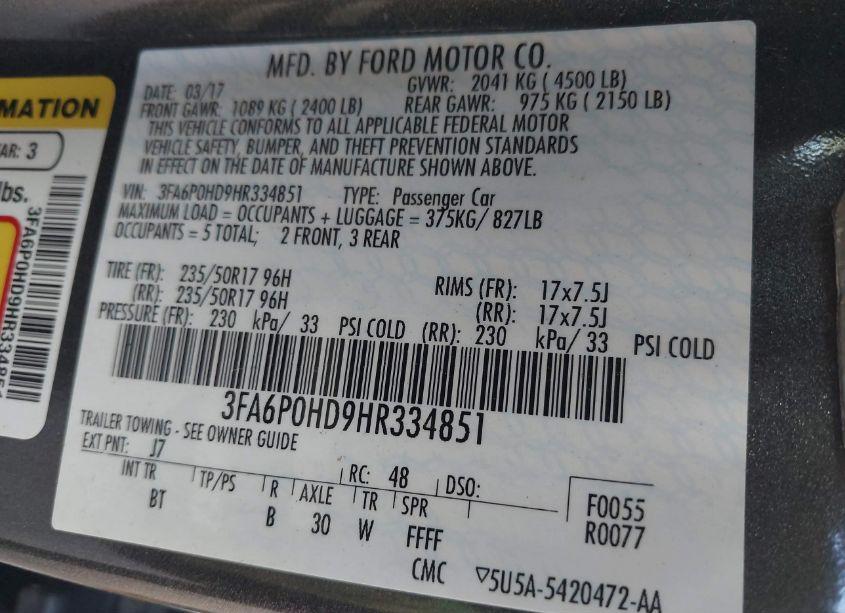 Photo 9 of 2017 Ford Fusion SE (VIN 3FA6P0HD9HR334851)