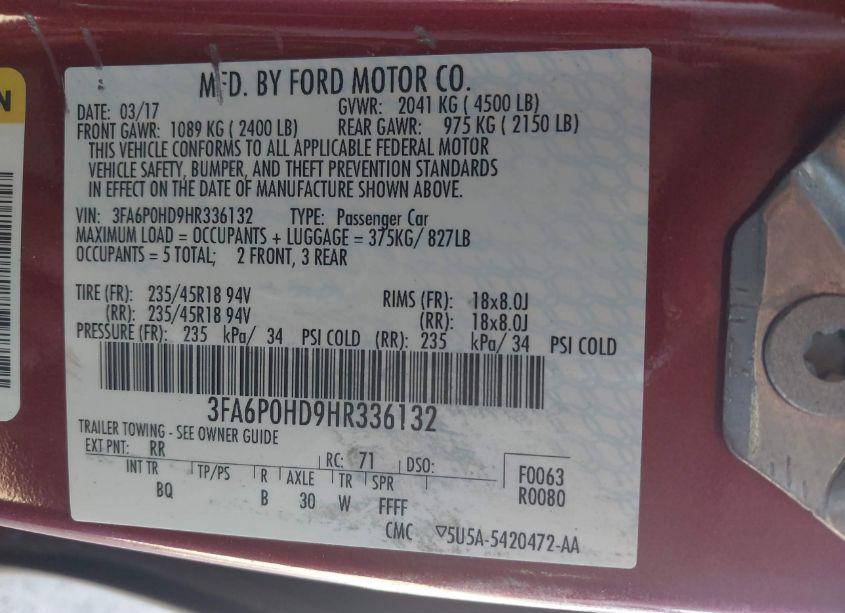 Photo 9 of 2017 Ford Fusion SE (VIN 3FA6P0HD9HR336132)