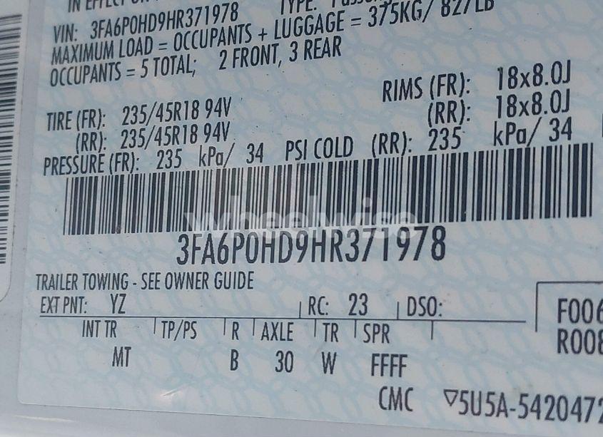 Photo 9 of 2017 Ford Fusion SE (VIN 3FA6P0HD9HR371978)