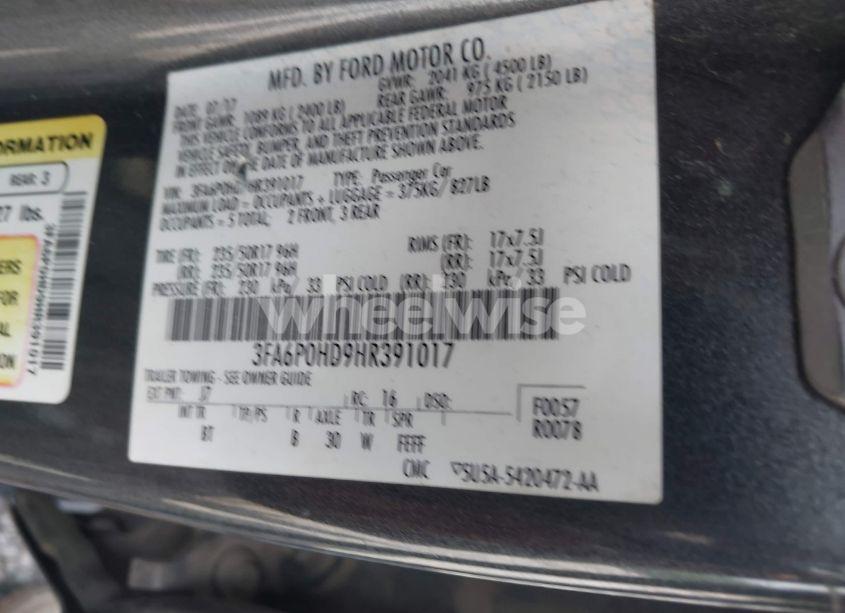 Photo 9 of 2017 Ford Fusion SE (VIN 3FA6P0HD9HR391017)