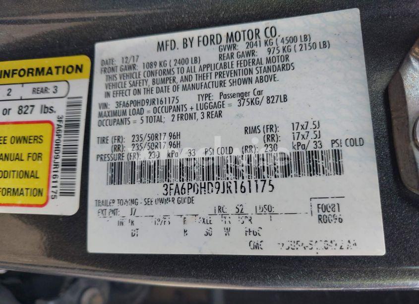 Photo 9 of 2018 Ford Fusion SE (VIN 3FA6P0HD9JR161175)