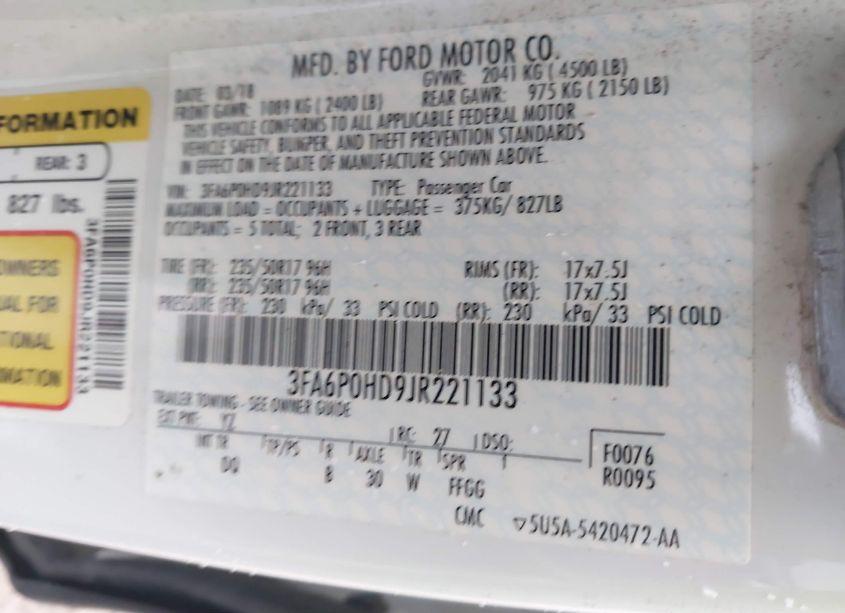 Photo 9 of 2018 Ford Fusion SE (VIN 3FA6P0HD9JR221133)