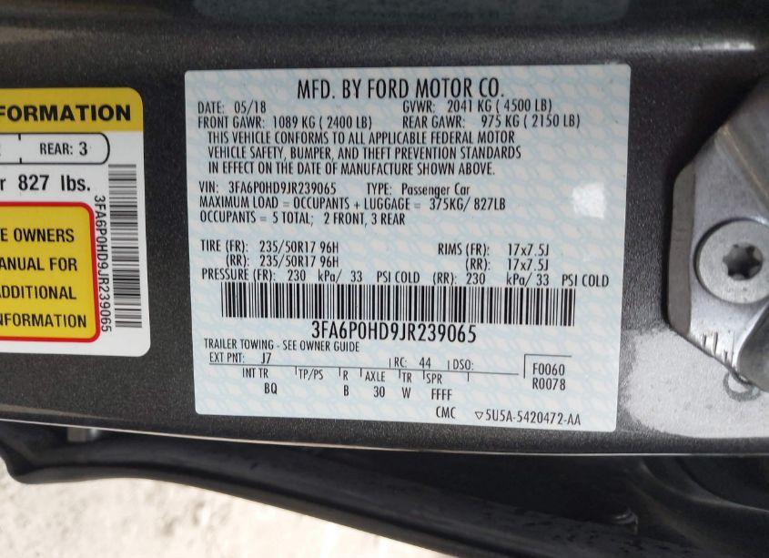 Photo 9 of 2018 Ford Fusion SE (VIN 3FA6P0HD9JR239065)