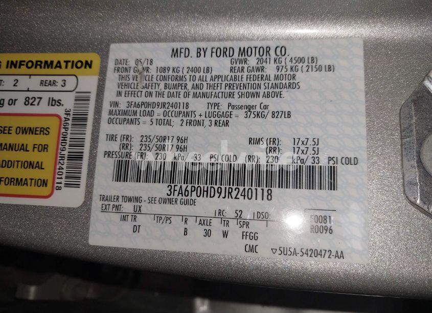 Photo 9 of 2018 Ford Fusion SE (VIN 3FA6P0HD9JR240118)