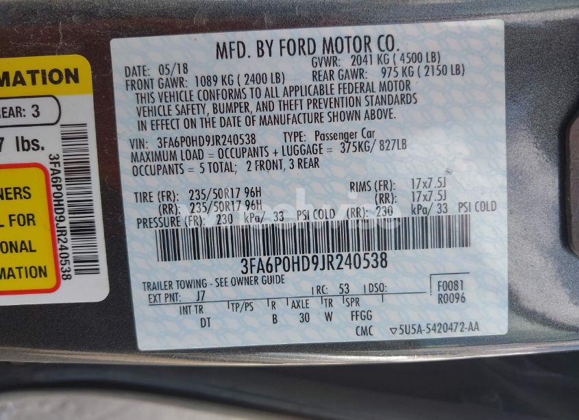 Photo 9 of 2018 Ford Fusion SE (VIN 3FA6P0HD9JR240538)