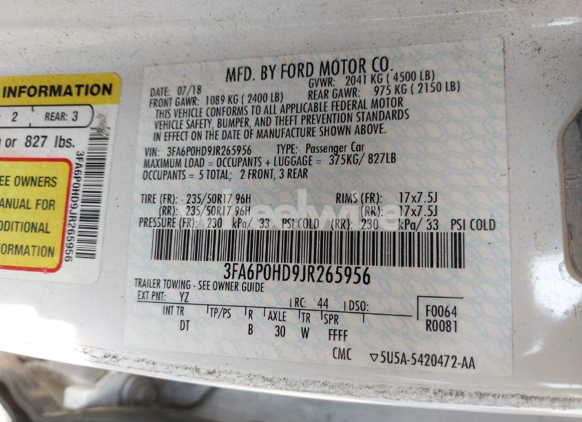 Photo 9 of 2018 Ford Fusion SE (VIN 3FA6P0HD9JR265956)