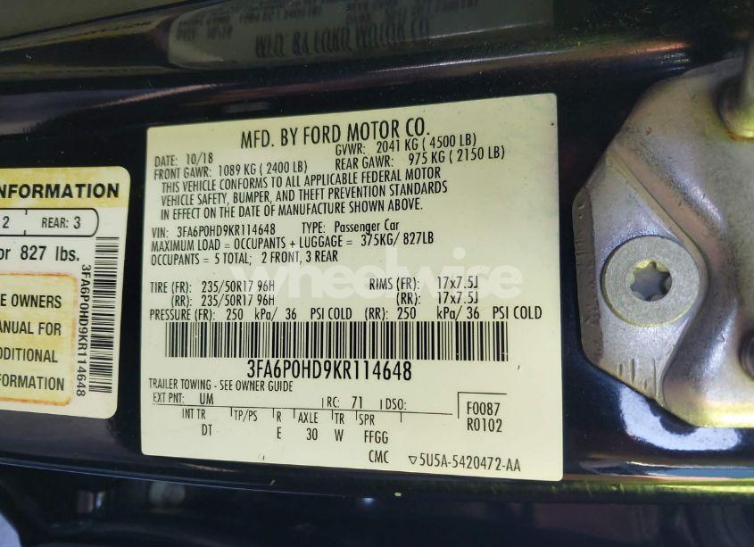 Photo 9 of 2019 Ford Fusion SE (VIN 3FA6P0HD9KR114648)