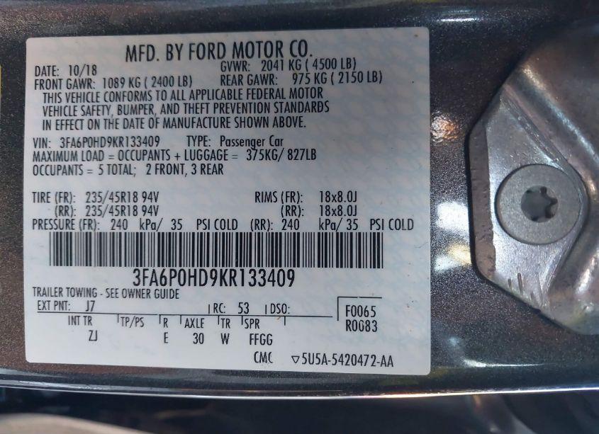 Photo 9 of 2019 Ford Fusion SE (VIN 3FA6P0HD9KR133409)