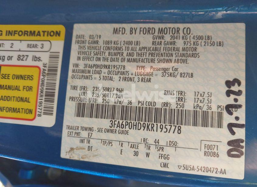 Photo 9 of 2019 Ford Fusion SE (VIN 3FA6P0HD9KR195778)