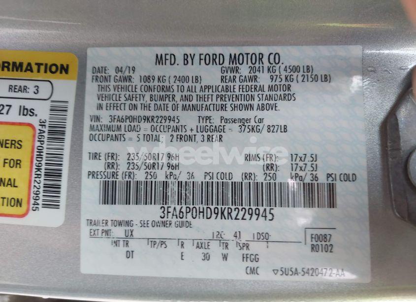 Photo 9 of 2019 Ford Fusion SE (VIN 3FA6P0HD9KR229945)