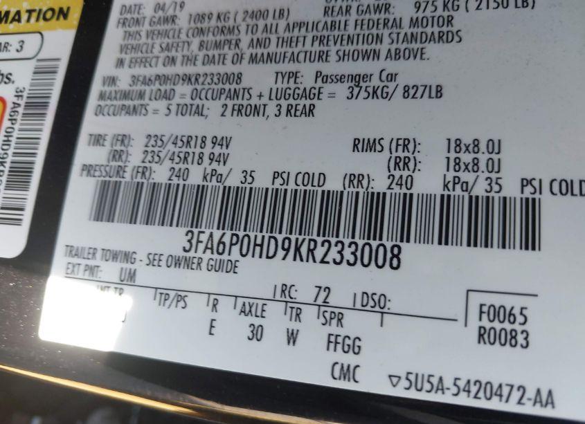 Photo 9 of 2019 Ford Fusion SE (VIN 3FA6P0HD9KR233008)