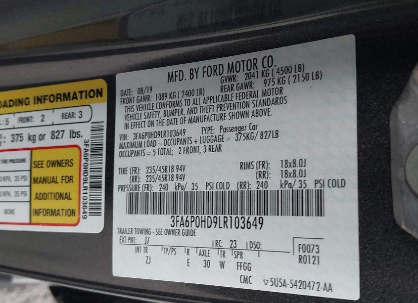 Photo 9 of 2020 Ford Fusion SE (VIN 3FA6P0HD9LR103649)