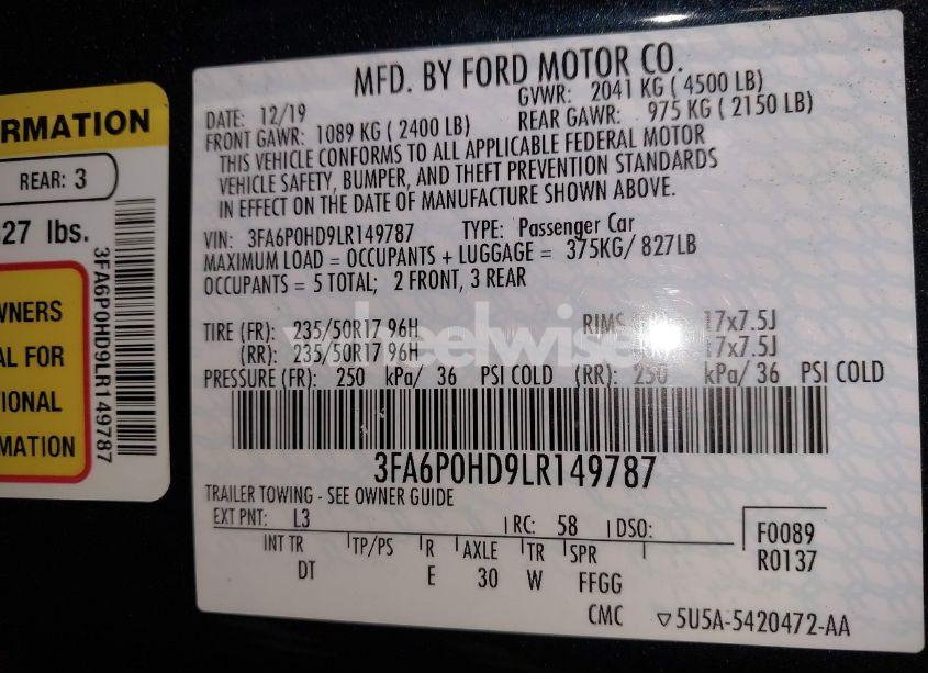 Photo 9 of 2020 Ford Fusion SE (VIN 3FA6P0HD9LR149787)