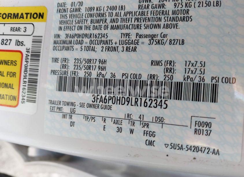 Photo 9 of 2020 Ford Fusion SE (VIN 3FA6P0HD9LR162345)