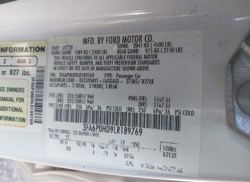 Photo 9 of 2020 Ford Fusion SE (VIN 3FA6P0HD9LR189769)