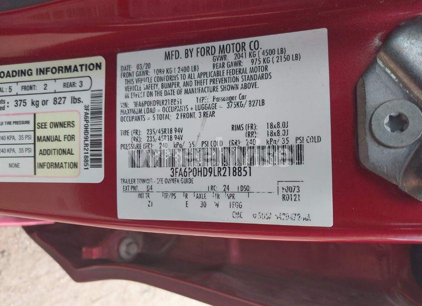 Photo 9 of 2020 Ford Fusion SE (VIN 3FA6P0HD9LR218851)