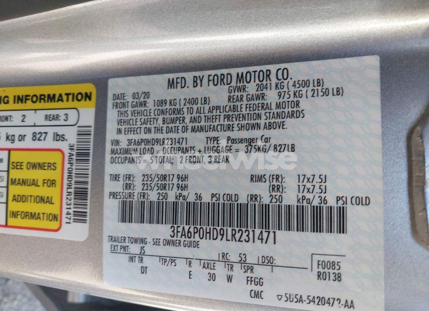 Photo 9 of 2020 Ford Fusion SE (VIN 3FA6P0HD9LR231471)