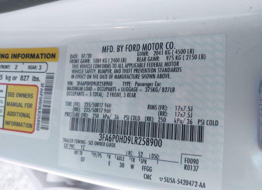 Photo 9 of 2020 Ford Fusion SE (VIN 3FA6P0HD9LR258900)