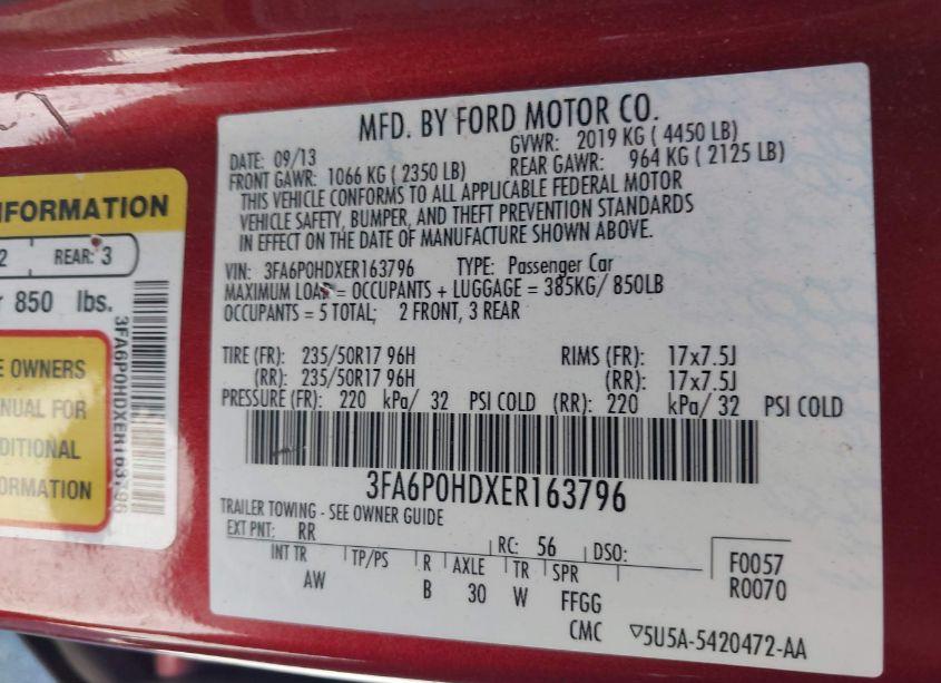 Photo 9 of 2014 Ford Fusion SE (VIN 3FA6P0HDXER163796)