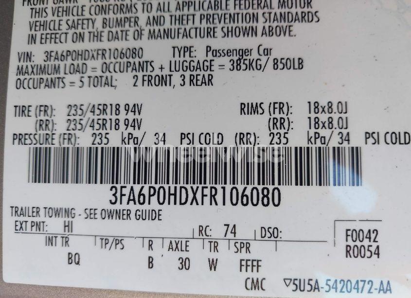 Photo 9 of 2015 Ford Fusion SE (VIN 3FA6P0HDXFR106080)