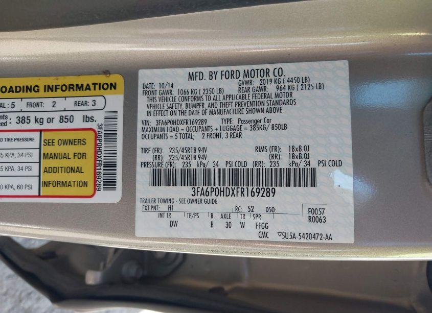 Photo 9 of 2015 Ford Fusion SE (VIN 3FA6P0HDXFR169289)