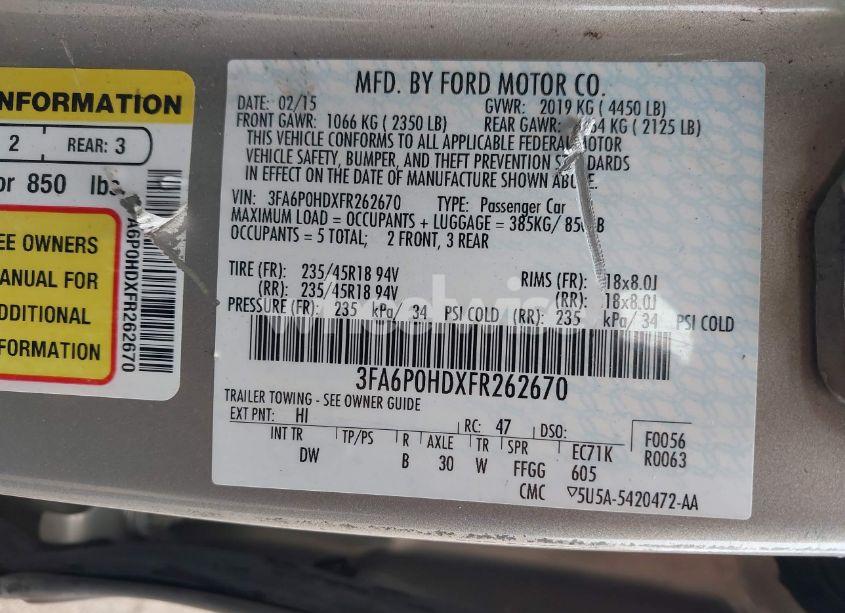 Photo 9 of 2015 Ford Fusion SE (VIN 3FA6P0HDXFR262670)