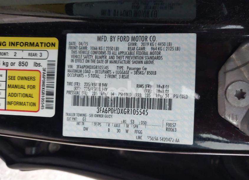 Photo 9 of 2016 Ford Fusion SE (VIN 3FA6P0HDXGR105545)