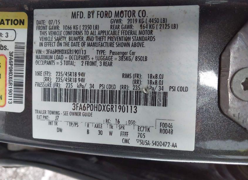 Photo 9 of 2016 Ford Fusion SE (VIN 3FA6P0HDXGR190113)