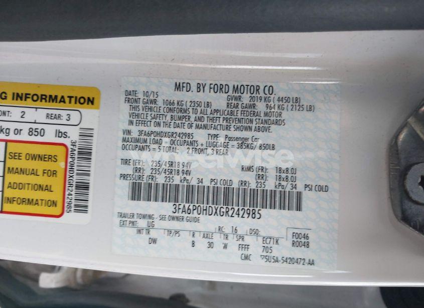 Photo 9 of 2016 Ford Fusion SE (VIN 3FA6P0HDXGR242985)