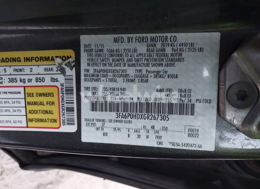 Photo 9 of 2016 Ford Fusion SE (VIN 3FA6P0HDXGR267305)