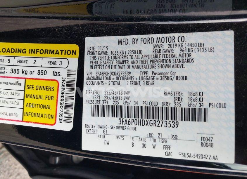 Photo 9 of 2016 Ford Fusion SE (VIN 3FA6P0HDXGR273539)