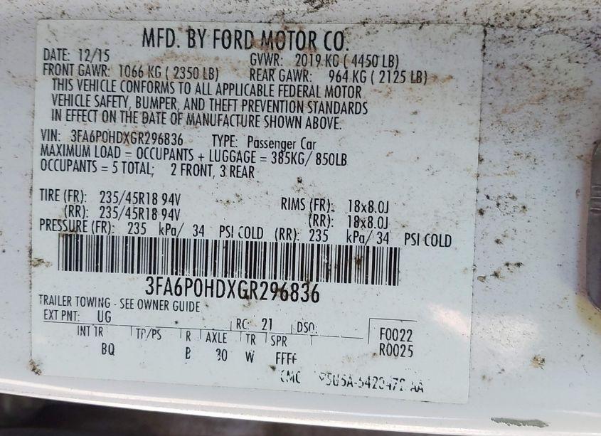 Photo 9 of 2016 Ford Fusion SE (VIN 3FA6P0HDXGR296836)