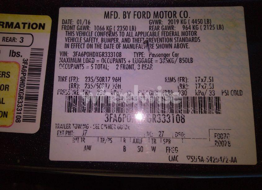 Photo 9 of 2016 Ford Fusion SE (VIN 3FA6P0HDXGR333108)