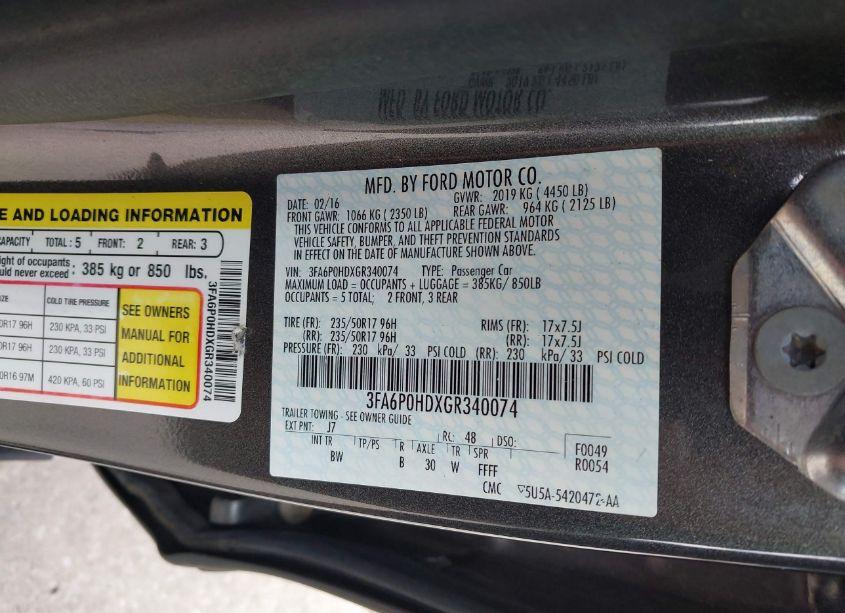 Photo 9 of 2016 Ford Fusion SE (VIN 3FA6P0HDXGR340074)