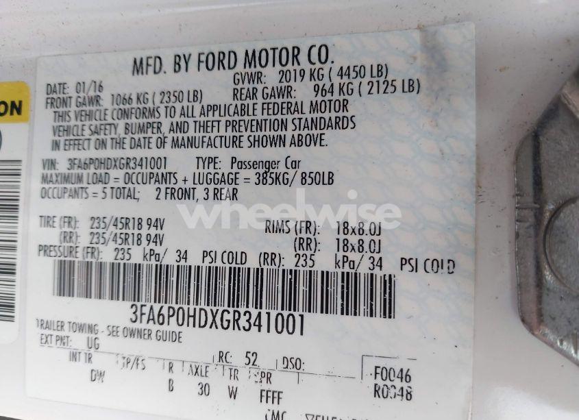 Photo 9 of 2016 Ford Fusion SE (VIN 3FA6P0HDXGR341001)