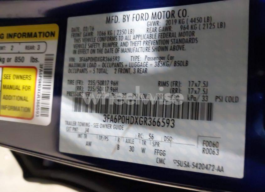 Photo 9 of 2016 Ford Fusion SE (VIN 3FA6P0HDXGR366593)