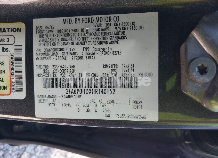 Photo 9 of 2017 Ford Fusion SE (VIN 3FA6P0HDXHR140152)