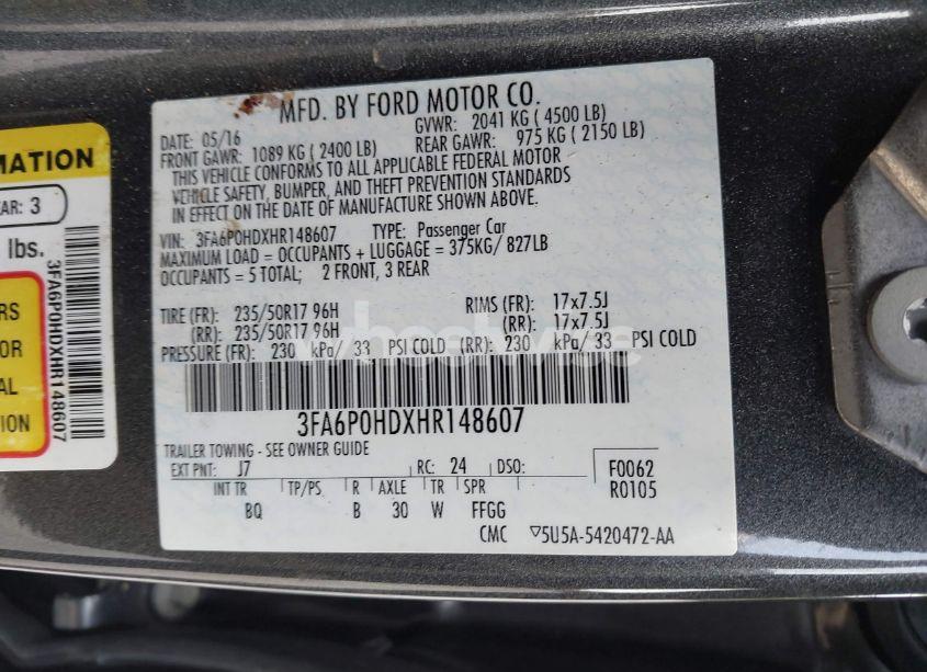 Photo 9 of 2017 Ford Fusion SE (VIN 3FA6P0HDXHR148607)