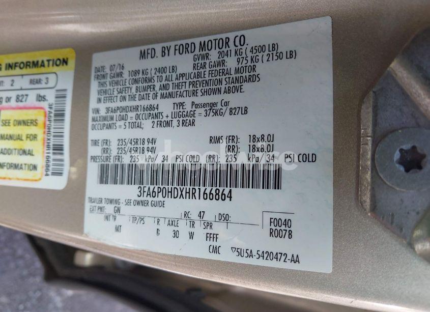 Photo 9 of 2017 Ford Fusion SE (VIN 3FA6P0HDXHR166864)