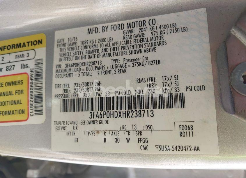 Photo 9 of 2017 Ford Fusion SE (VIN 3FA6P0HDXHR238713)