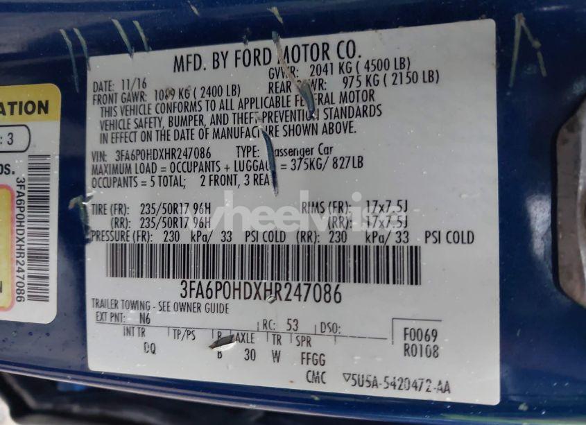 Photo 9 of 2017 Ford Fusion SE (VIN 3FA6P0HDXHR247086)