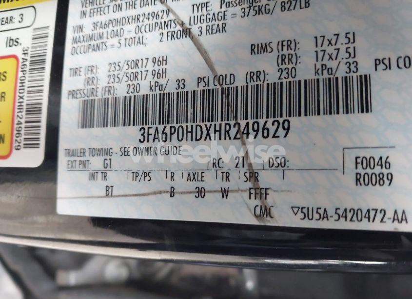 Photo 9 of 2017 Ford Fusion SE (VIN 3FA6P0HDXHR249629)