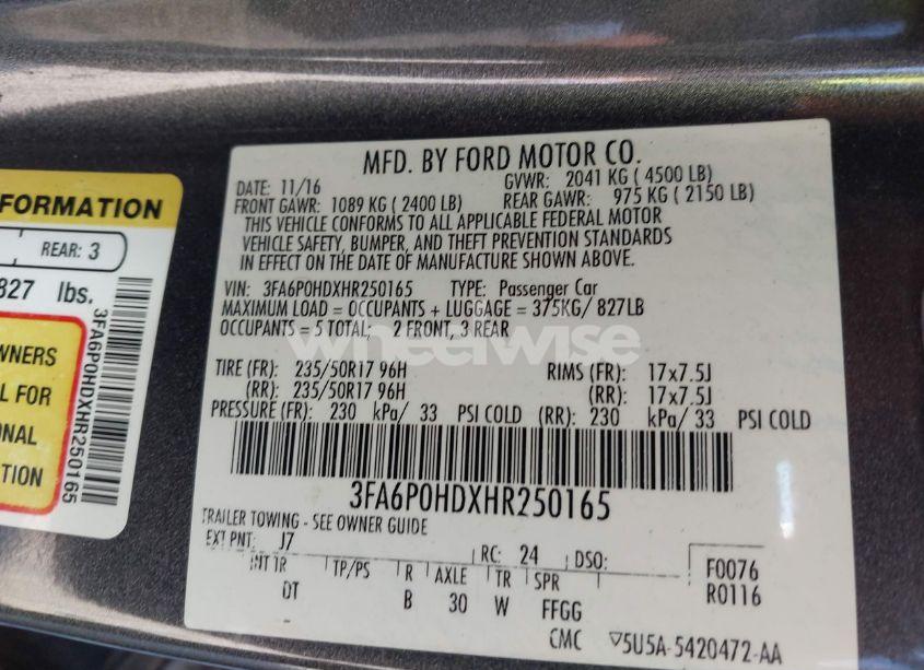 Photo 9 of 2017 Ford Fusion SE (VIN 3FA6P0HDXHR250165)